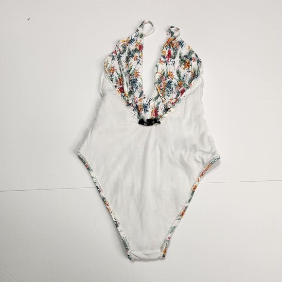 Floral Swimsuit Size 2 Deep V Neck One-Piece Adjustable Straps Stretch White - Picture 8 of 10